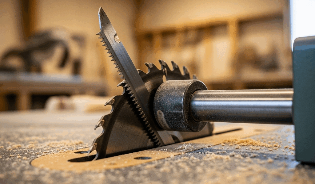 close up of a table saw blade tilted slightly on its arbor s 20260407 070421
