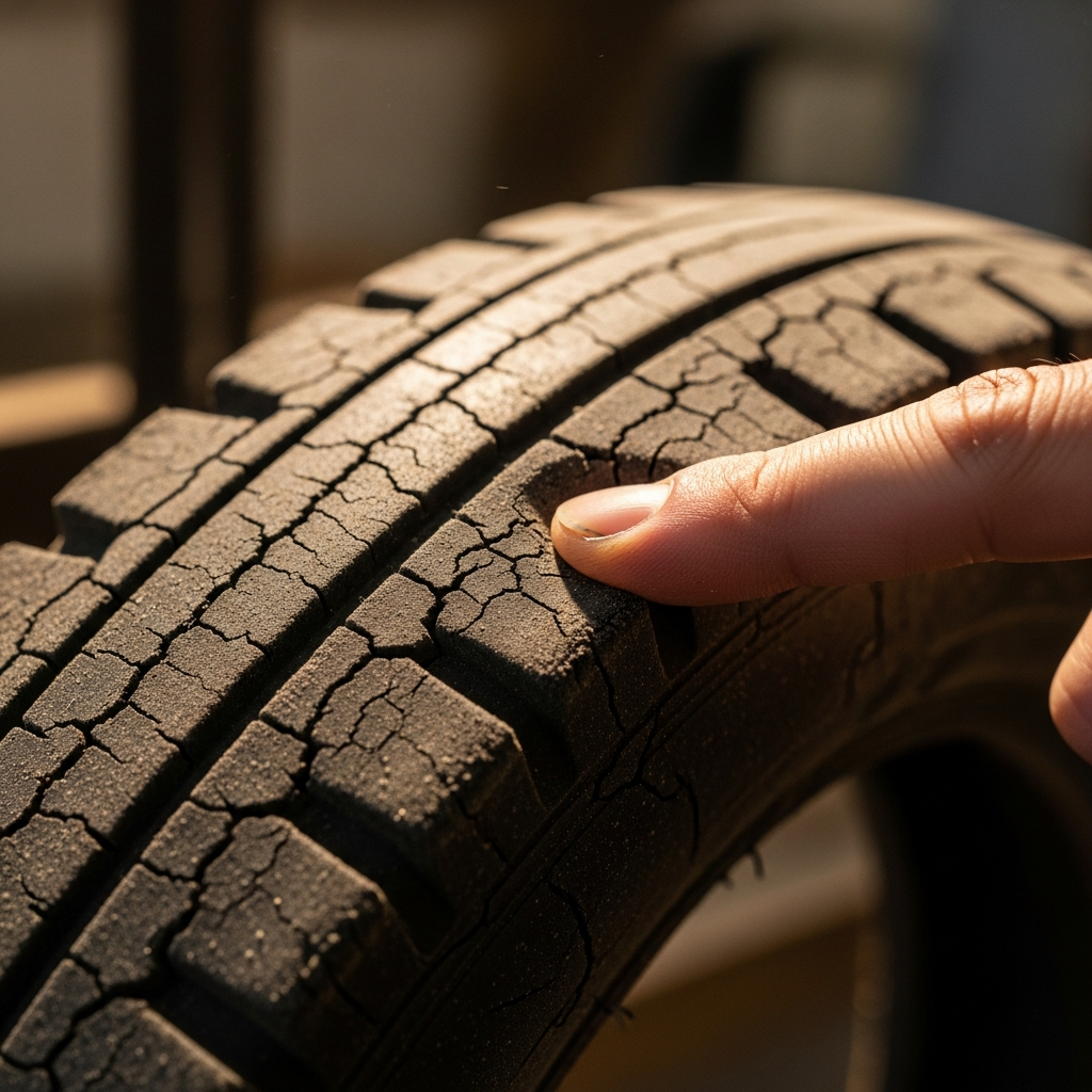 Worn bandsaw tire showing grooves and cracks from years of use that cause blade tracking problems