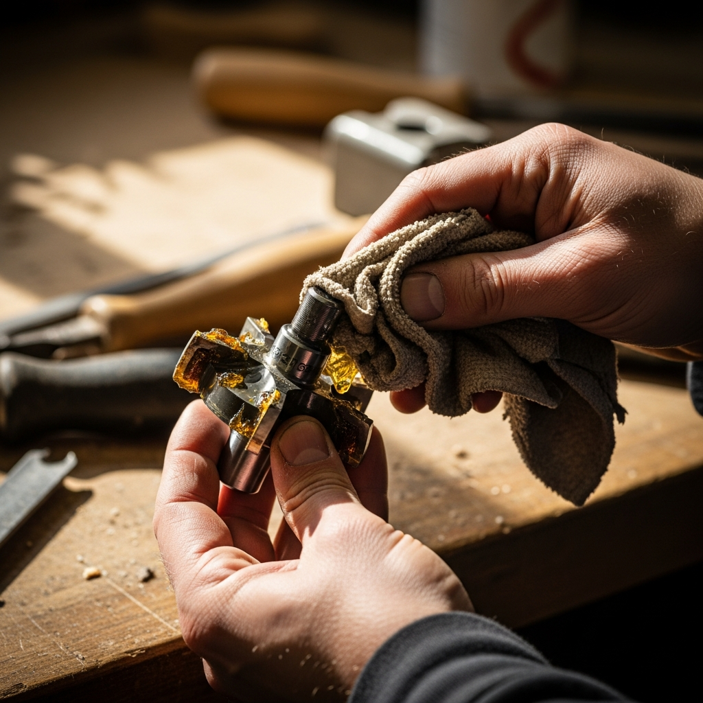 Cleaning pitch buildup from a router bit with solvent to restore sharp cutting edges