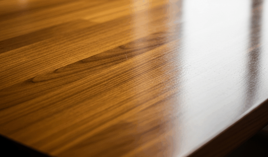 perfectly smooth wood finish on table top, reflective surface