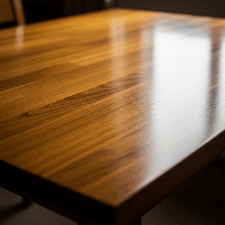 perfectly smooth wood finish on table top, reflective surface