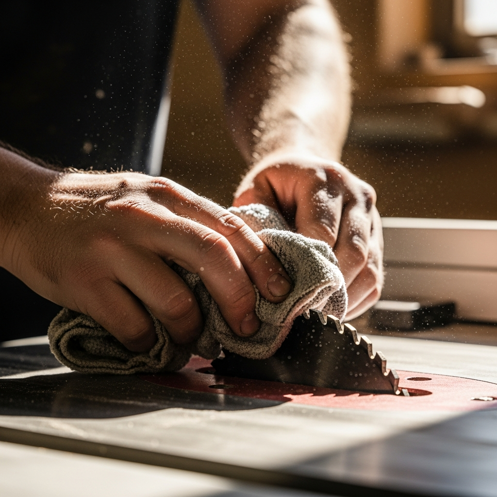 Cleaning a table saw arbor flange with mineral spirits before reinstalling the blade