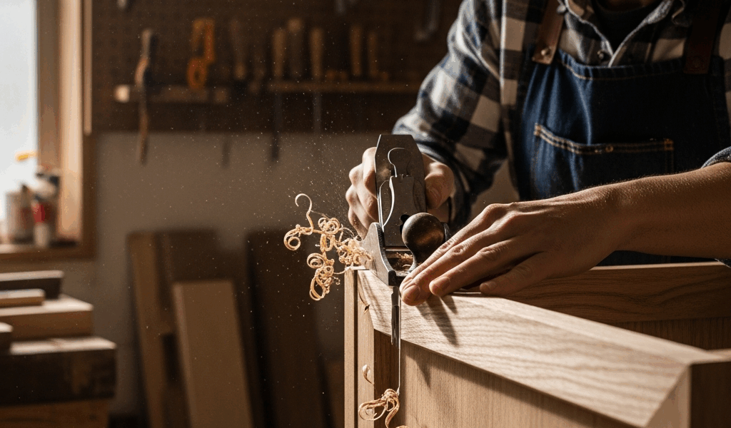 woodworker using hand plane to cut chamfer on furniture edge