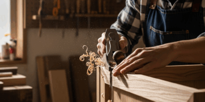 woodworker using hand plane to cut chamfer on furniture edge