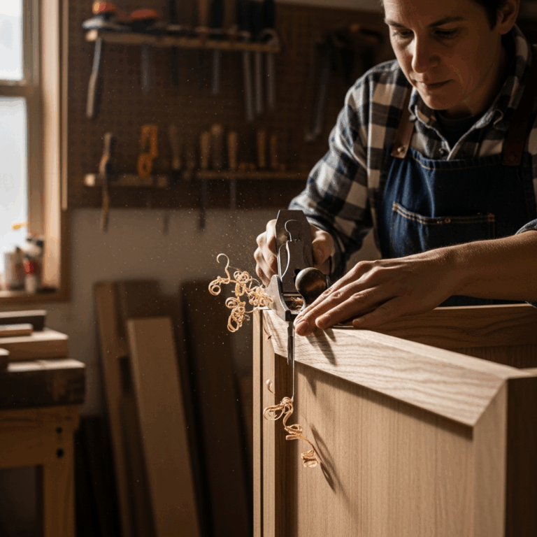 woodworker using hand plane to cut chamfer on furniture edge
